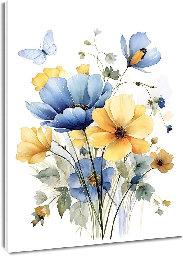 HVEST Blue and Yellow Floral Wall Art Watercolor Flower Butterfly Aesthetic Plant Bathroom Wall Decor, Rustic Wildflower Wall Art for Living Room Bedroom Kitchen Home Office, 20L x 16W Inches