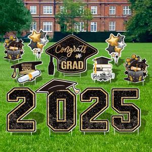 Large 11 PCS Graduation Yard Signs, Class of 2025 Congrats Grad Outdoor Lawn Yard Sign with Stakes, Graduate Yard Decorations for College High School Party, Black and Gold