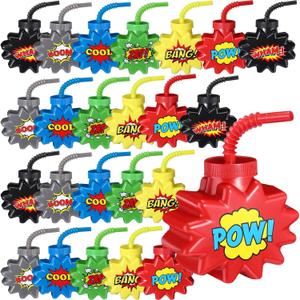 Maxcheck 24 Sets Hero Comic Themed Party Favor Gift Supplies Hero Cups with Straws and Lids,10 oz Plastic Cup for Pow Zap Bang Wham Boom Bulk Birthday Party Favor Supplies