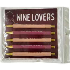 Funny Pens 5-Pack, Novelty Pens, Black Ink, Medium 1.0mm, Retractable Ballpoint Pens, Funny Quotes Swear Word Daily Pen Set, Office Gifts (WINE LOVERS)