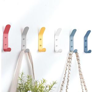 Leinuosen 6 Pack Cute Kids Coat Wall Hooks Colored Double Hook Steel Wall Rack Decorative Nordic Style Coat Utility for Keys Hat Nursery Bedroom and Bathroom(Colorful)