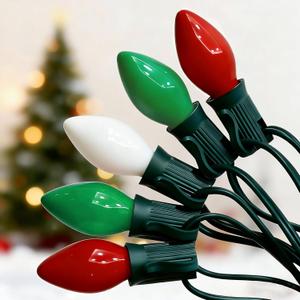 C7 Incandescent Christmas Lights Multicolor, 25FT C7 Red Green White Vintage Christmas Lights with 27 Multicolor 5W Incandescent Bulbs for Christmas Tree/Holiday Party Decorations