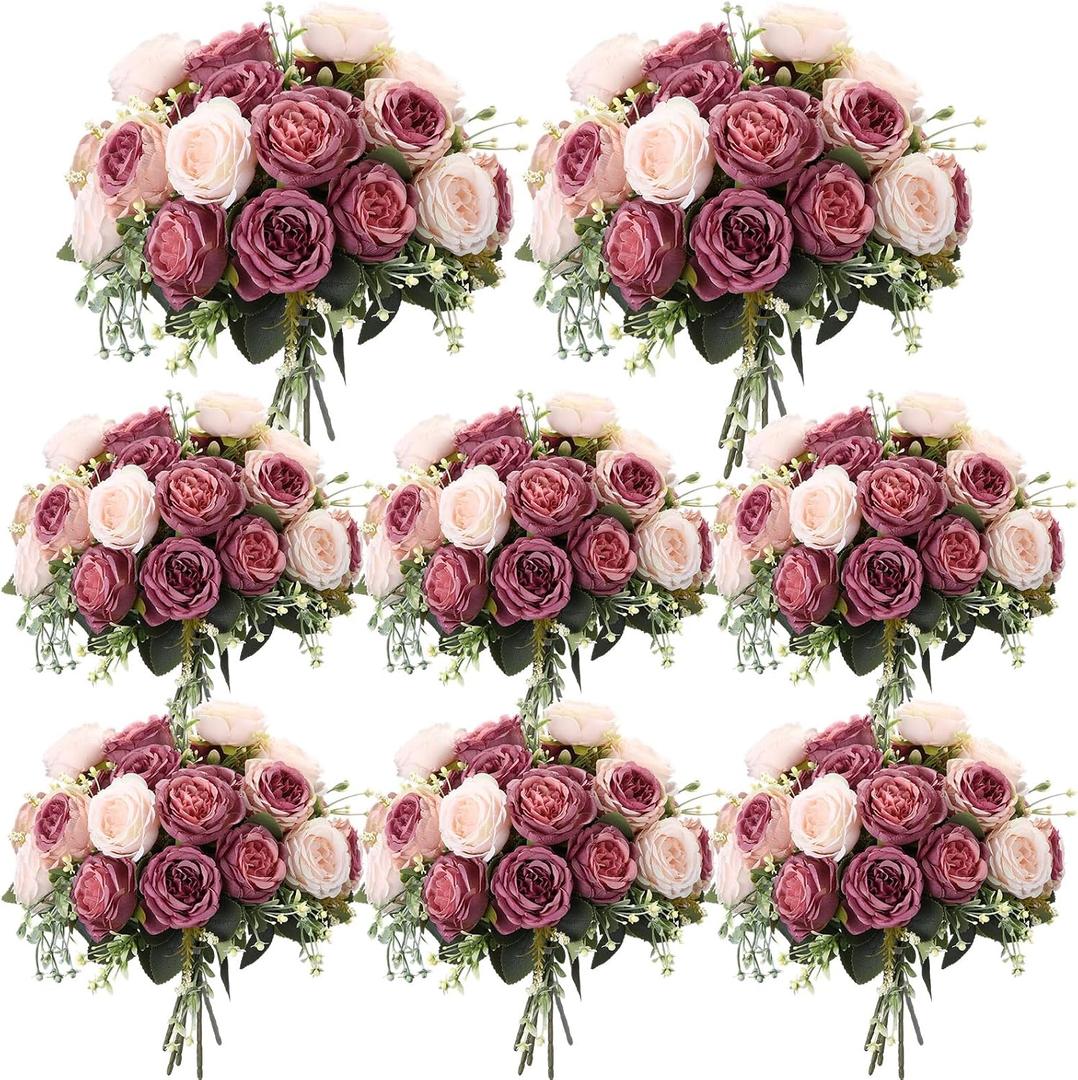Geosar 8 Bundles Artificial Peonies Flowers Fake Silk Peony Bouquet Faux Peonies Flowers Bulk for Decoration Vase Floral Arrangements Wedding Party Table (Dusty Pink,Dusty Rose)
