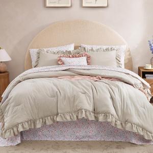 Queen Comforter Set - 7 Pieces Ruffle Beige Bedding Sets, Shabby Chic Farmhouse Bed in a Bag Queen with Ruffle Comforter, Floral Sheets, Pillowcases & Shams (Birch)