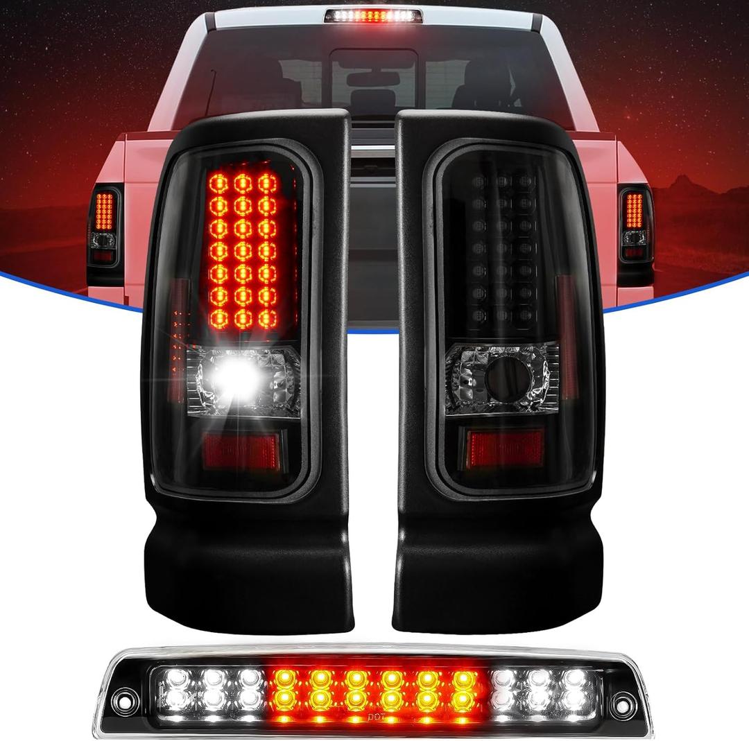 LED Tail Light + 3rd Brake Light Kit for Dodge Ram 1500 1994-2001, for Dodge Ram 2500 3500 1994-2002, Rear Brake Cargo Lamp Taillight Assembly, Black Housing Clear Lens