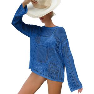 Crochet Cover Up Hollow Out Drop Shoulder Cover-ups Knit Long Sleeve Beach Dress for Women (Blue, S)