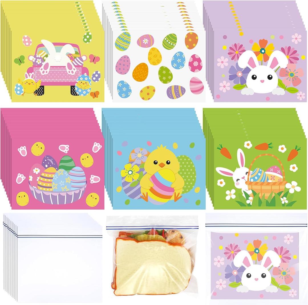 Fuyoooo 120 Pcs Easter Zipper Sandwich Bags with Stickers Plastic Snacks Candy Gift Bags for Easter Chocolate Biscuits Holiday Theme Party Family Festival Activities