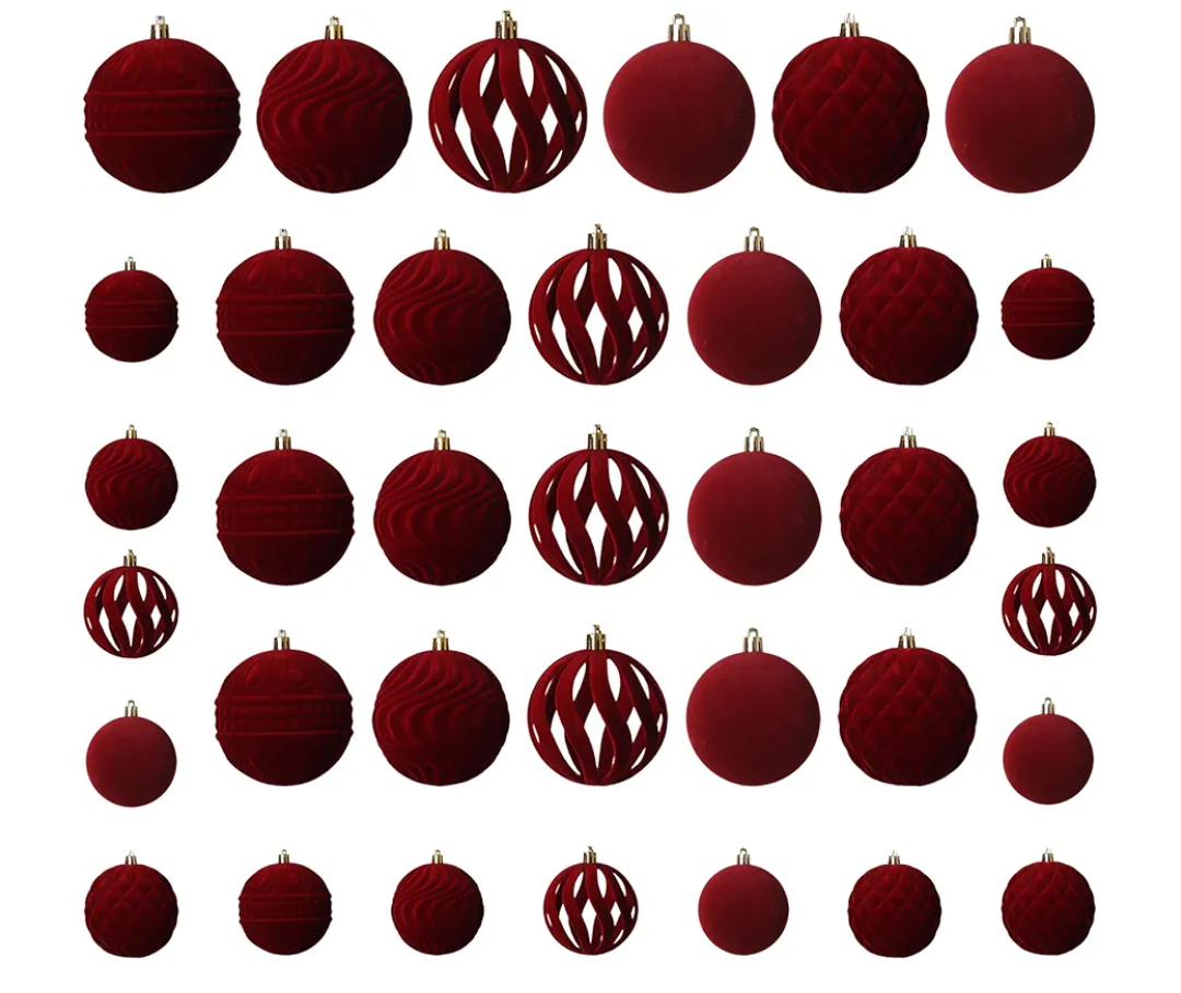 Senjie 36 PCS Velvet Ornaments Balls Sets for Christmas Tree Red Flocked Christmas Balls Assortment for Xmas Tree Holiday Decor