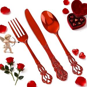 150PCS Red Plastic Silverware - Elegant Disposable Utensils - Heavy Duty Vintage Red Cutlery Sets Includes 50Forks, 50Spoons, 50Knives for Catering Dinner Party Wedding, Valentine's Day