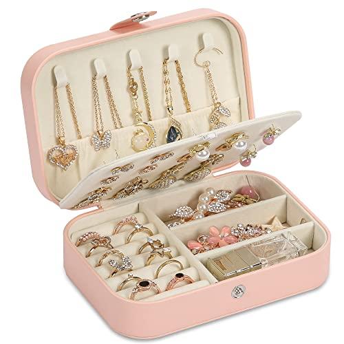 XZUZ Travel Jewelry Box, PU leather Small Jewelry Organizer For Female Girls, double layer portable mini travel case for storing earrings, rings, necklaces.(Pink)