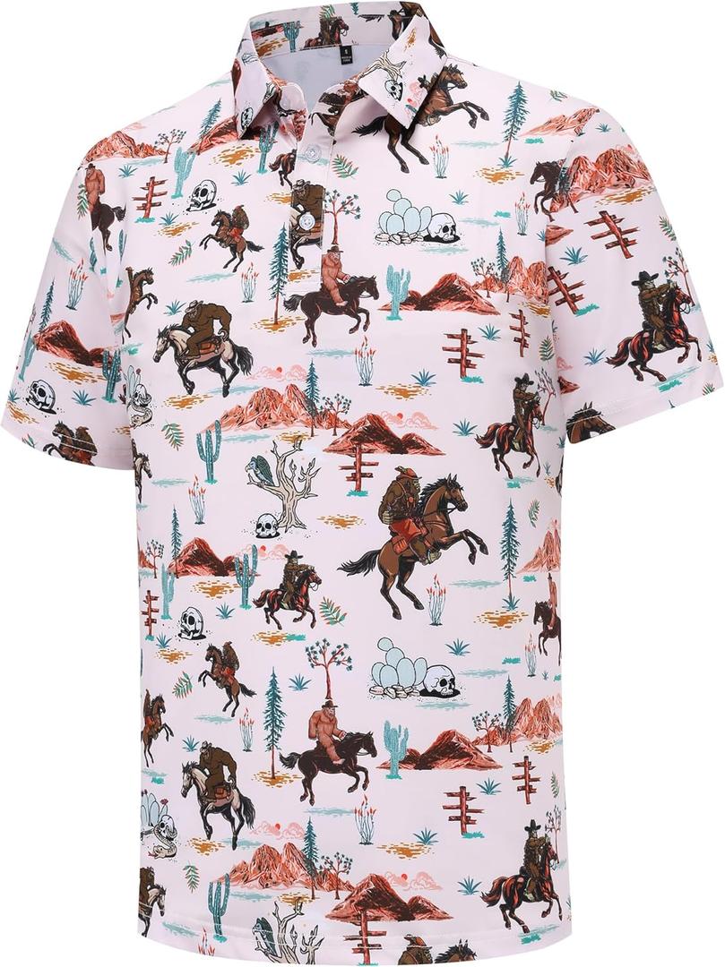 Mens Golf Polo Shirts Short Sleeve Dry Fit Performance Moisture Wicking Casual Funny Golf Polo Shirts for Men (XX-Large, Desert Cowboy)