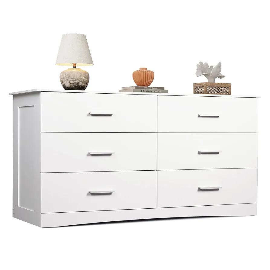 WLIVE Wood Dresser for Bedroom, Wide Chest of Drawers with 6 Drawers, Large White Storage Tower Unit, Modern Minimalist Closet Store Organizer for Living Room, Hallway
