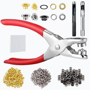 OFCOX 1805Pcs Grommet Kit 1/4 Inch Eyelet Kit, 3-Color (Gold/Silver/Gun Black) Brass Eyelets with Washers, Heavy Duty Punch Pliers Tool Set for DIY Punched Pad for Leather Belt Shoes Crafts