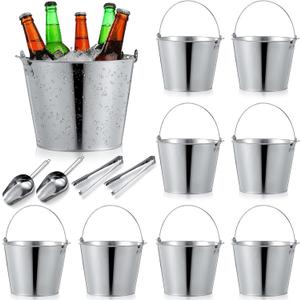 Zopeal 12 Pcs Galvanized Beer Bucket Set, Includes 8 Metal Ice Buckets 5qt with 2 Scoops & 2 Tongs, Round Slive Pails Bulk for Weddings Birthday Beach Pool Party Supplies Summer Table Centerpieces
