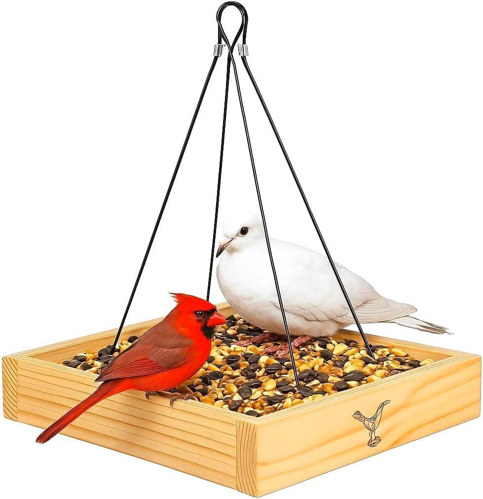 Cedar Wood Platform Tray Bird Feeder 10 - Hanging Bird Feeder for Outside Outdoor - Stainless Steel Cable Mesh Base - Weather Proof Birdfeeder for 10 Years - Longtime Outdoor Lasting Heavy Duty