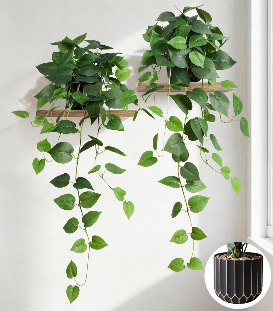 Fake Plants 2 Pcs Faux Pothos Plants Potted Indoor Artificial Hanging Plants Realistic Fake Greenery Table Desk Bathroom Office Bedroom Living Room Shelf Modern Farmhouse Decor Indoor