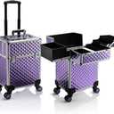 Stagiant Rolling Makeup Train Case Large Storage Cosmetic Trolley 4 Tray with Sliding Rail Removable Middle Layer with Key Swivel Wheels Salon Barber Case Traveling Cart Trunk (Purple)