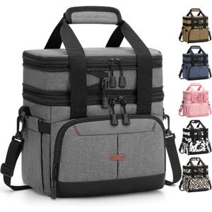Lunch Box For Men Women Double Deck Insulated Lunch Bag For Men Woman Leakproof Expandable Cooler Bag with Adjustable Shoulder Strap for Work Picnic School(Gray,Medium)