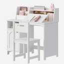 Treocho Kids Study Desk and Chair Set, Kids Desk with Hutch and Tiltable Desktop for 3-8 Years Old, Wooden Children Study Table with Storage Cabinet, Student Writing Desks Bedroom, Home School, White, Without Drawer