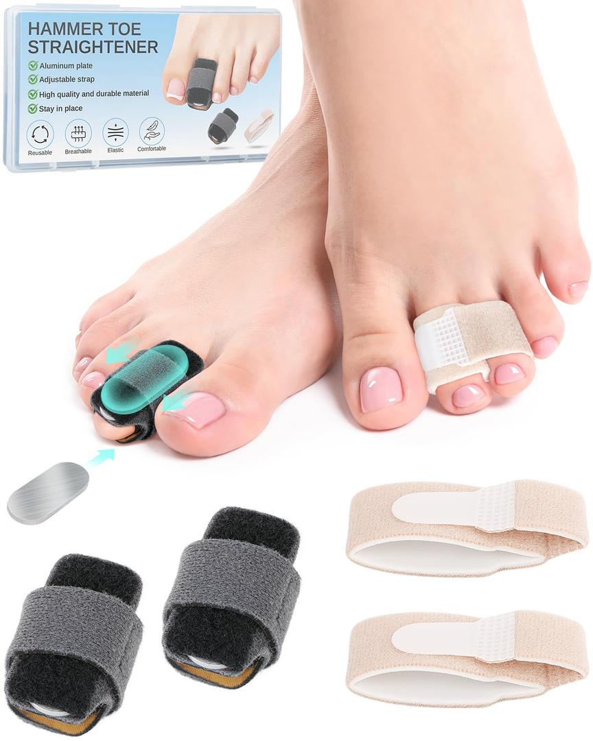 2 Pcs Hammer Toe Straightener with Aluminum Plate Support and 2Pcs Adjustable Broken Toe Splints Support Wraps for Women & Men, Hammer Toe Corrector Relief for Hammer, Curled, Bent, Broken Support (Medium) (Large)