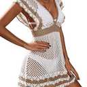 Womens Crochet Sexy Waist Cinched Swimsuit Coverup Summer 2025 Color Block Beach Bathing Suit Cover Up Mini Dress (Medium, Black+khaki)