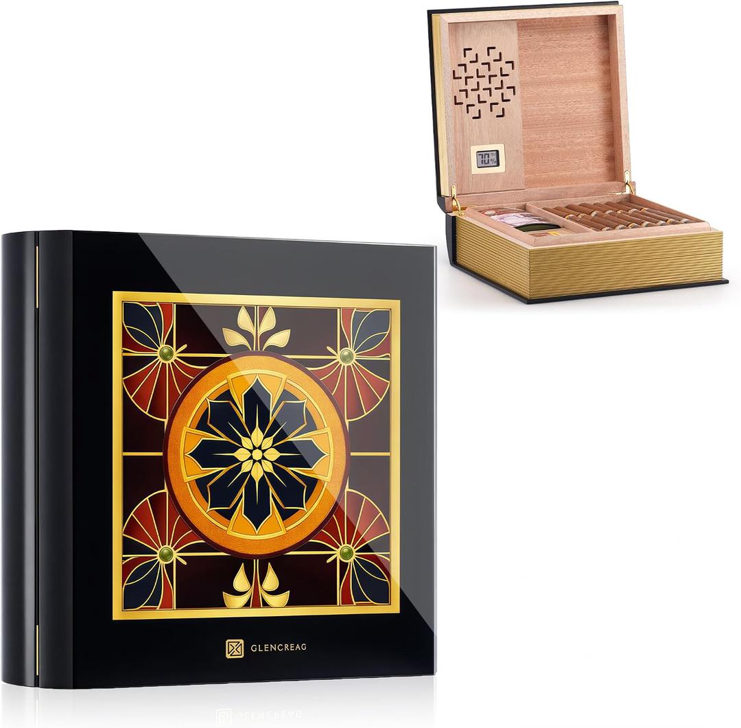 L26L Book Cigar Humidor for 80 Cigars Decorative Book Style Humidor Box Spanish Cedar Lining, Piano Lacquer Finish, Digital Hygrometer, Magnetic Seal Gift for Cigar Aficionados, Black | Book Style Design, Cedar Lining, Piano Lacquer, Digital Hygrometer, Magnetic Seal, For Cigar Aficionados, 80 Cigars