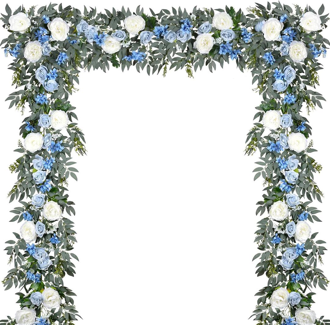 DearHouse 2Pack Artificial Peony Flower Garland - 6ft/Strand Silk Peony Flower Greenery Garland with Fake Willow Leaves for Wedding Ceremony Backdrop Party Table Centerpieces Decor (Blue)