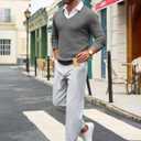 Yousify Mens V Neck Pullover Sweater Waffle Knit Casual Textured Pullover Long Sleeve Slim Fit Fall Sweaters Grey