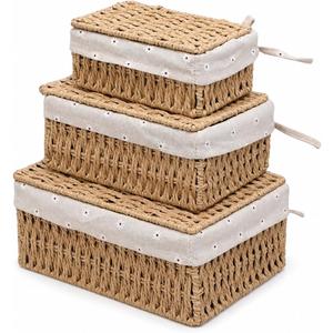 Storage Baskets with Lids, Set of 3 Wicker Baskets with Lids, Khaki Paper Rope Woven Storage Boxes with Removable Liners, Stackable Shelf Bins for Bathroom, Closet, Nursery