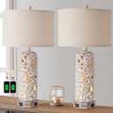 RORIANO Set of 2 Rustic Farmhouse Table Lamps for Living Room Bedroom, Vintage Bedside Lamp with Dual USB Port, Antique White Resin Retro Nightstand Lamps with Night Light