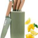 Kitchen Block Knife Sets, 6-Pieces Green Chef Knife Set with Removable Round Block, Non-stick & Non-slip Stainless Steel Sharp Knife Set for Restaurant Home Cooking, Gifts for Mom Wife Girl (Green)