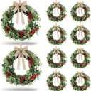 8 PCS Christmas Mini Cabinet Wreath for Kitchen with Ribbon Artificial Eucalyptus Cedar Hanging Garland with Red Whilt Berries Pine Cones for Swag Table Centerpiece Door Window Chair Wall Winter Decor