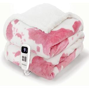 Heated Blanket Throw Electric Blanket with Foot Pocket, GentleSoft Flannel Blanket Throw with 10 Heating Settings, 10 Hours Auto Off, Cow Print Cozy Soft, Washable, Warm Gifts (50x62 Inch Pink)