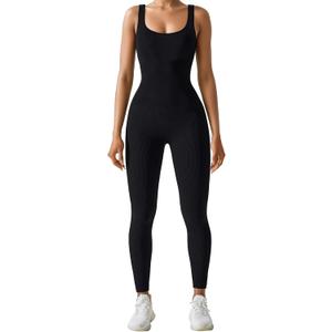 AURUZA Jumpsuit for Women Workout Seamless Jumpsuits Yoga Ribbed One Piece Tank Tops Rompers Sleeveless Exercise Jumpsuits (Medium, Black)