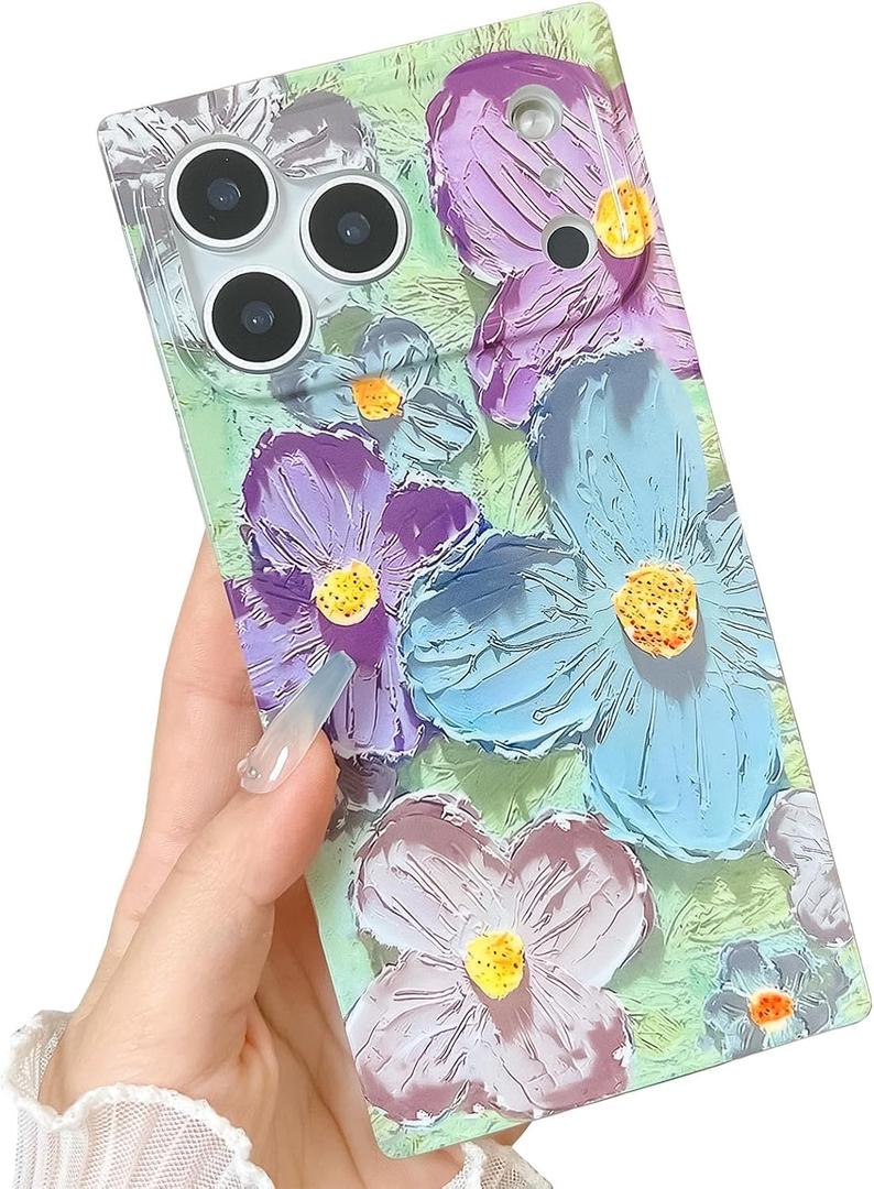 Elegent Girly 3D Flower Compatible with iPhone 16 Rectangle Edge Case, Cute Floral Pattern Slim Soft TPU Protective Bumper Cases Cover(Blue Purple,16)