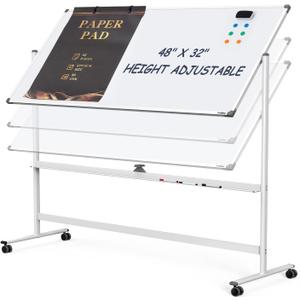 Dry Erase Whiteboard Easel on Wheels - TANKEE 48" x 32" Large Double Sided Mobile Whiteboard, Reversible Magnetic Rolling White Board for Home Office Classroom, Flip Chart Holders and Paper Pad