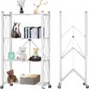 4 Tier Foldable Storage Shelf with Wheels, Heavy Duty Folding Shelf Loads 600 LBS, Metal Steel Collapsible Shelves, Rolling Standing Utility Rack for Kitchen, Pantry, Office, White