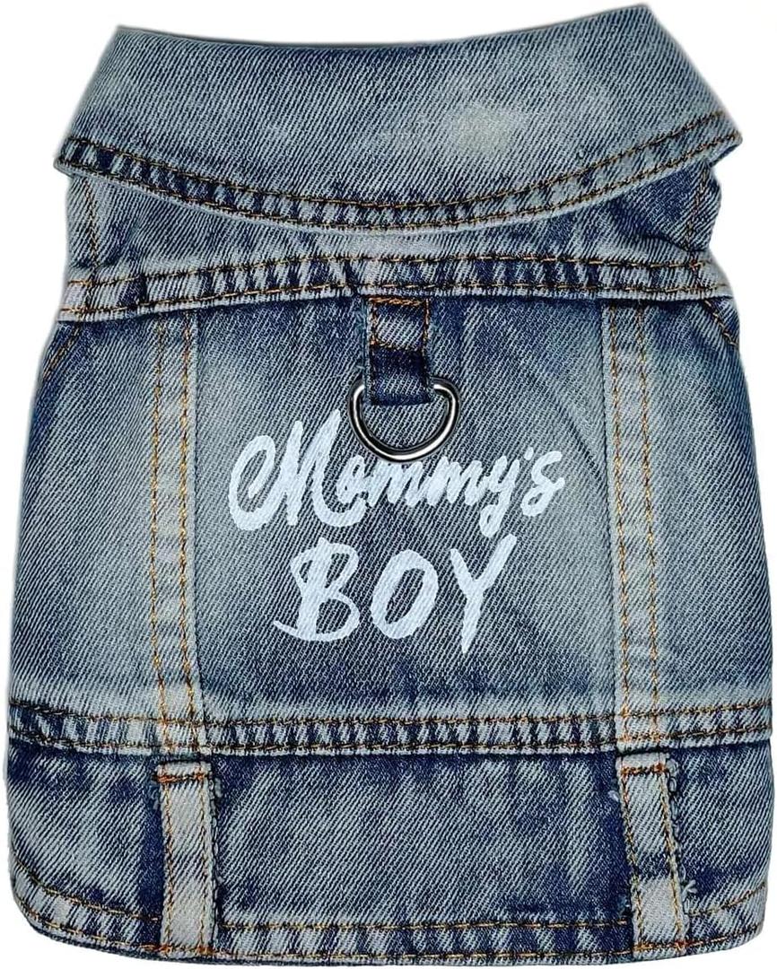 Dog Jeans Jacket Mommy's Boy Denim, Breathable Cotton Blue Pet Coat for Puppy Small Dogs Classic Overalls Male Cat Costumes Apparel Washed Vest Clothes Outfit T-Shirts Medium