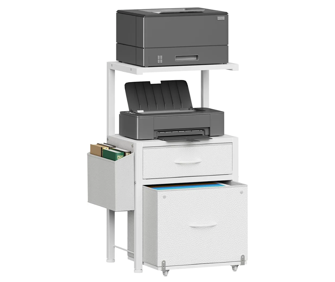 HIGDBFE 2Drawer File Cabinet, Filing Cabinet with 2Tier Printer Shelves, Office Cabinets with Side Bag&File Drawer for A4/Letter Size, Printer Stand with Storage for Home Office, White, 16.5" W