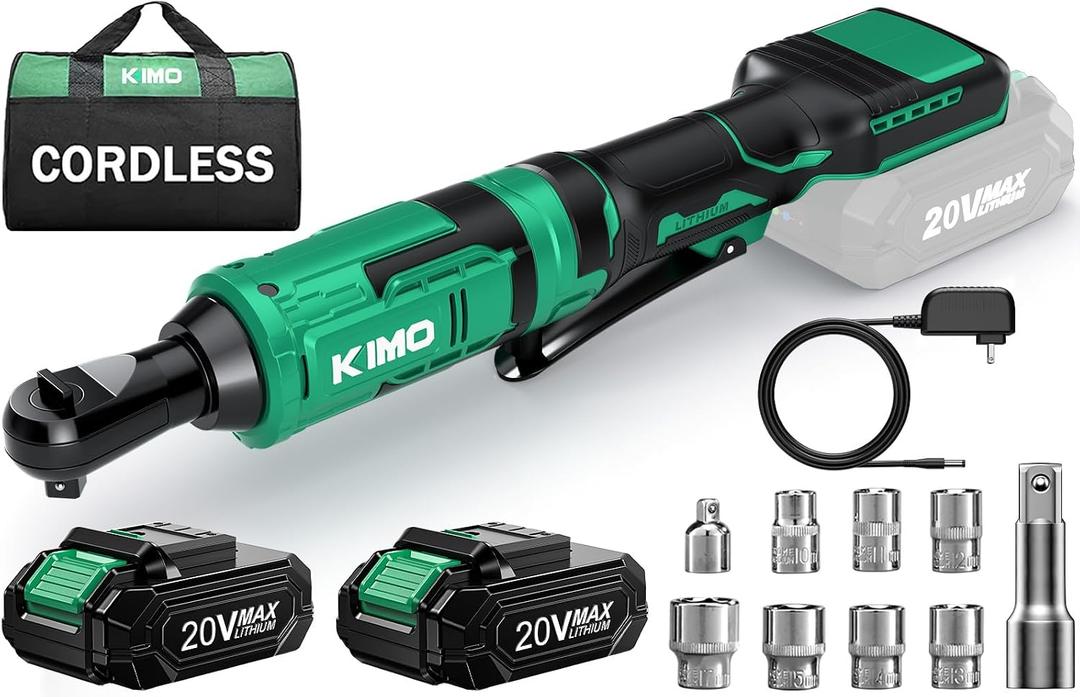 KIMO 20V Cordless Ratchet Wrench 3/8, 89Ft-lbs 400RPM Electric Ratchet Wrench Set w/Variable Speed, 2x2.0Ah Battery Power Ratchet Wrenches, 7Sockets, 3/8"to1/4" Adapter, 3"Extension Bar, Fast Charger