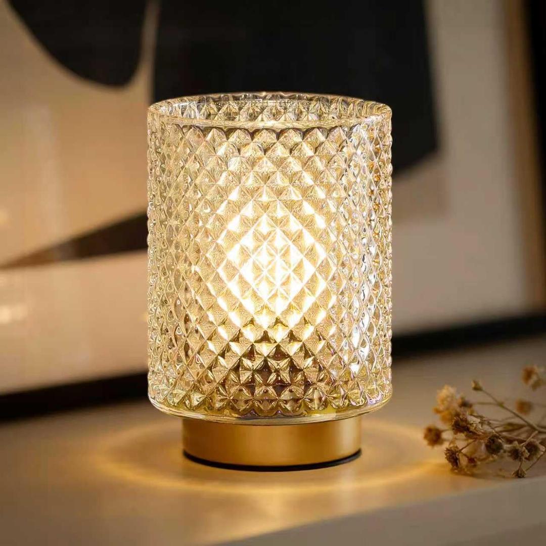Battery Operated Lamp,Cordless Glass Accent Table Lamp with Timer for Bedside,Small Decorative Lamp with Warm White LED Bulb for Nightstand/Bookshelf/Entryway/Tabletop/Counter Decor(Iridescent Clear)