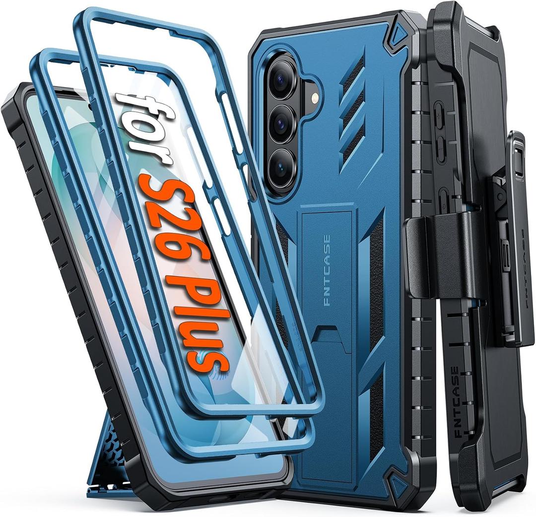 FNTCASE for Samsung Galaxy S26+ Plus Case: with Belt-Clip Holster | Kickstand | 2 Front Frames | Built-in Screen Protector Military Grade Protection Rugged Protective Case for S26 Plus 6.7 inch Blue