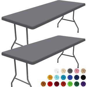 Moosfor Spandex 6 Foot Rectangle Table Cloth 2 Pack, Elastic Fitted Tablecloths for Picnic, Stretch Washable Patio Table Cover for Outdoor, Camping, Banquet and Parties (Grey, 30"x72")