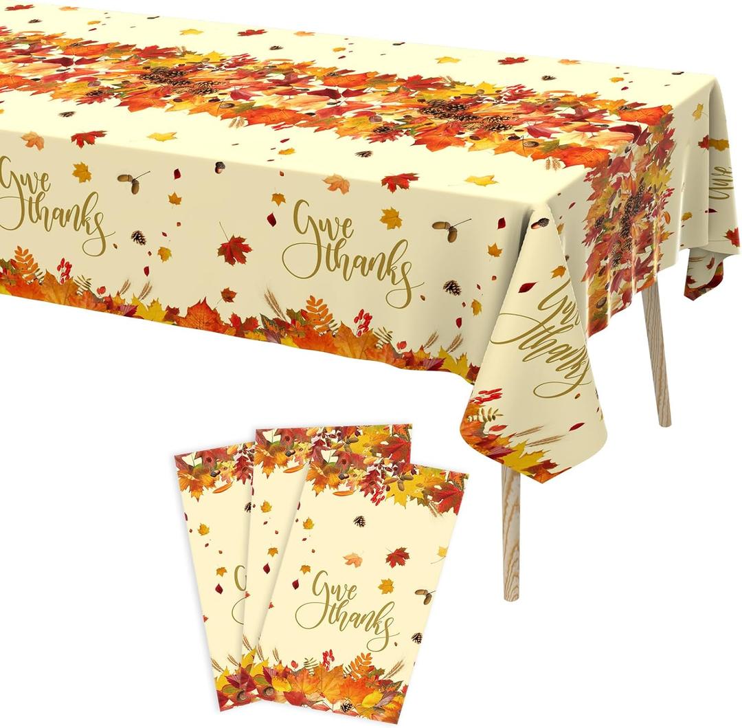 Tbsone Thanksgiving Disposable Rectangle Plastic Tablecloth  3 Pack, Fall Maple Leaves Themed Table Covers for Harvest Party Decorations Supplies (54 x 108 Inches)
