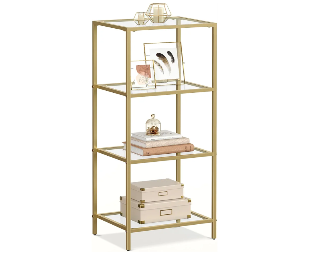 VASAGLE Bookcase, 4-Tier Bookshelf, Slim Shelving Unit for Bedroom, Bathroom, Home Office, Tempered Glass, Steel Frame, Metallic Gold ULGT28G