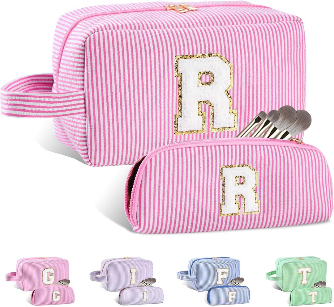 2pcs Personalized Initial Makeup Bag Set A-Z, Travel Toiletry Bag Preppy Cosmetic Bag Make Up Pouch for Women Valentines Mothers Day Birthday Gifts for Teen Girls Trendy Stuff (Rose Red, R)
