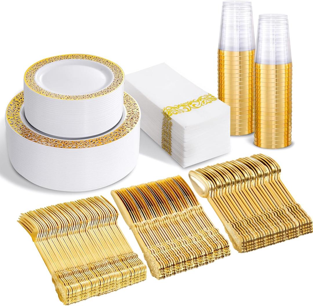 bUCLA 350PCS Gold Plastic Plates Disposable - Gold Plastic Dinnerware Set Include 50 Dinner / 50 Dessert Plates, 50 Forks, 50 Knives, 50 Spoons, 50 Cups, 50 Napkins for Party & Thanksgiving (Gold - Lace Design)