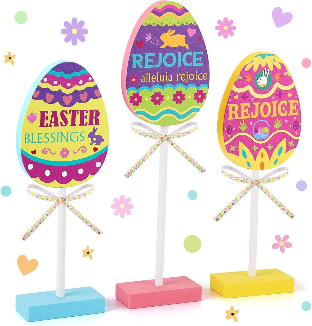 3 PCS Colorful Easter Table Decorations Easter Decorations for Home Religious Decorations Spring Decorations for Home Wooden Easter Eggs for Easter Day Home Farmhouse Kitchen Decorations