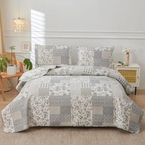 Grey White Floral Plaid Quilt Full/Queen Size Lightweight Patchwork Bedspread Soft Breathable Check Quilts Gingham Bedding Checker Pattern Coverlet Bed Cover Set Geometric Home Decor (Full/Queen (90 in x 90 in))