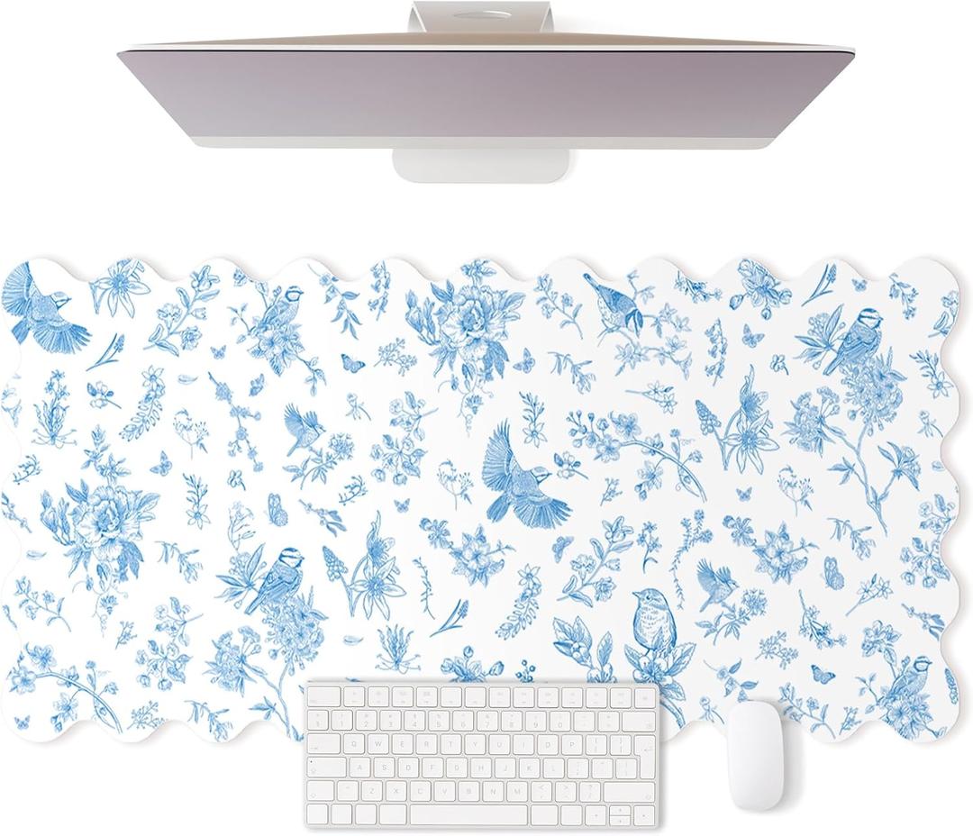 Hahafelt Scalloped Desk Mat Large Blue and White Floral Chinoiserie Mouse Pad 35.4'' x 15.7'' Vintage Nonslip Rubber Keyboard Pad for Laptop Computer Keyboard Vanity Work Home Decor